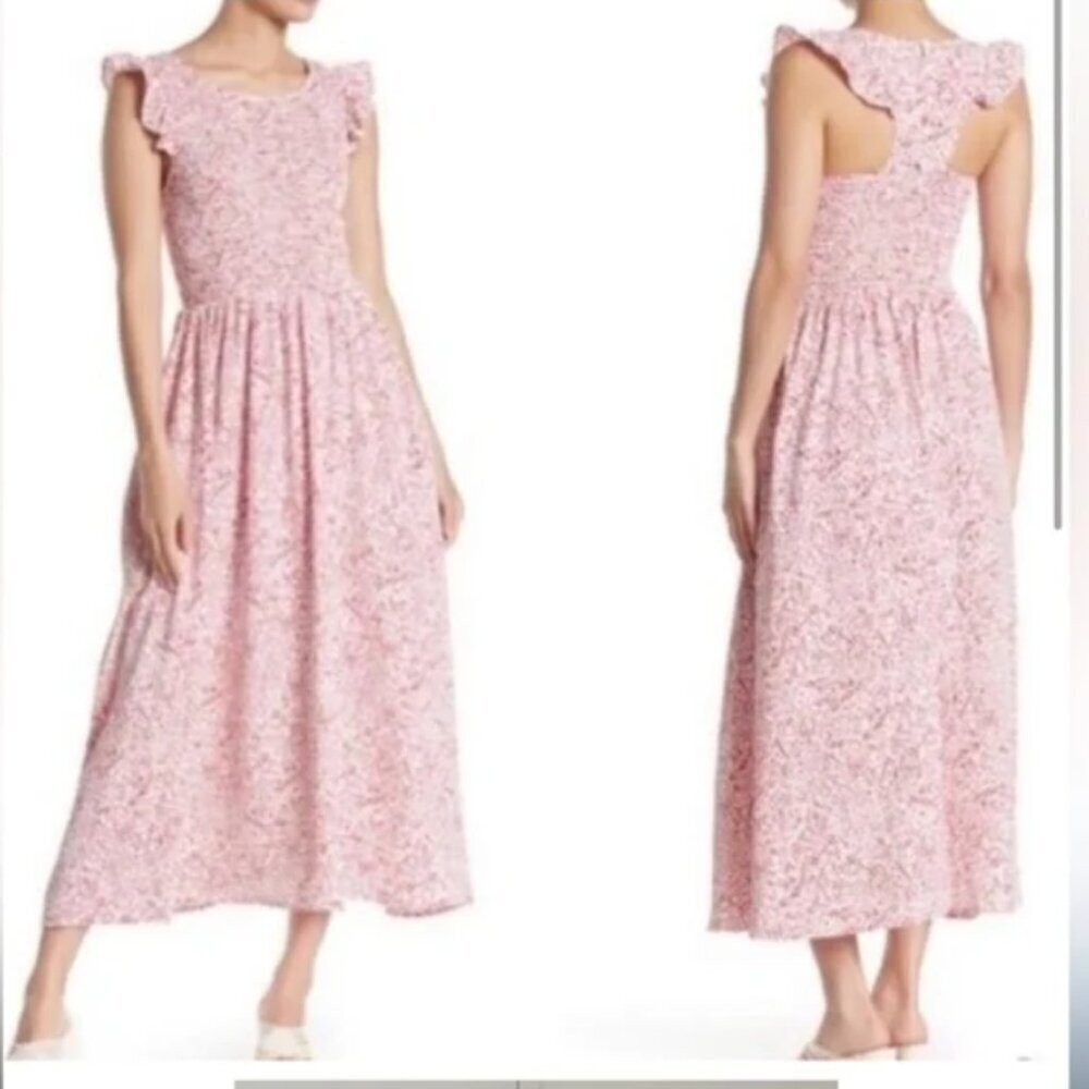 Melloday Rose Pink Floral Maxi Dress Smocked Tiered Lined Size Large L EUC - Picture 2 of 16